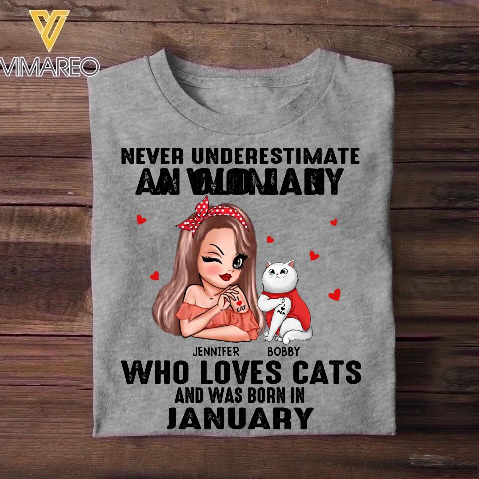 Personalized Never Underestimate A Woman Who Loves Cats And Was Born In January Tshirt Hoodie Or Sweatshirt Printed QTHQ0811