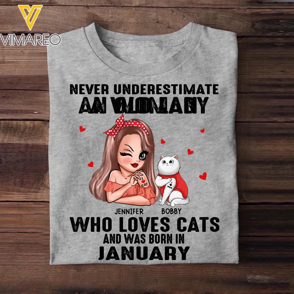 Personalized Never Underestimate A Woman Who Loves Cats And Was Born In January Tshirt Hoodie Or Sweatshirt Printed QTHQ0811