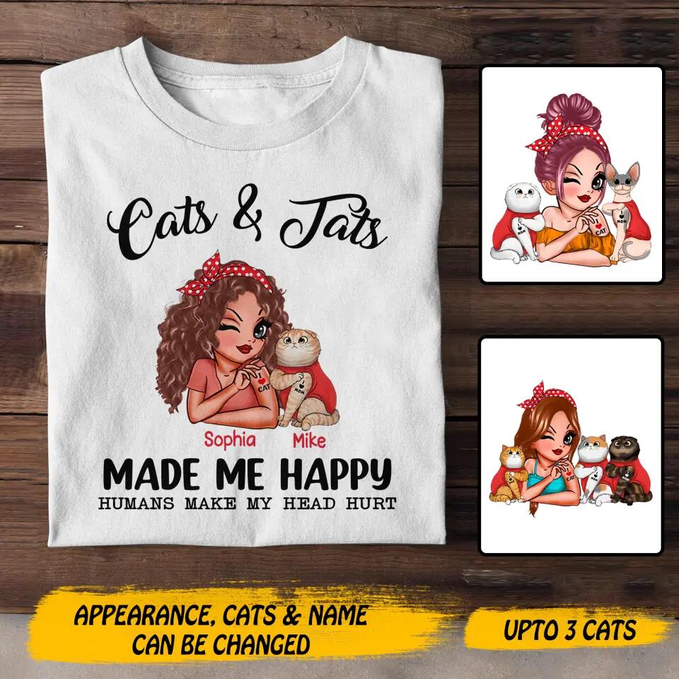 Personalized Cats And Jats Make Me Happy Tshirt Hoodie Or Sweatshirt Printed QTHY0811