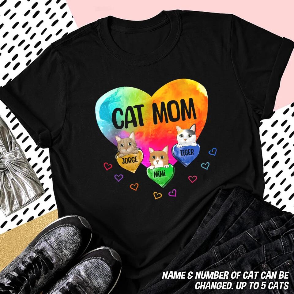 Personalized Cat Mom Heart & Cat's Name Tshirt or Sweatshirt Printed QTDT1302