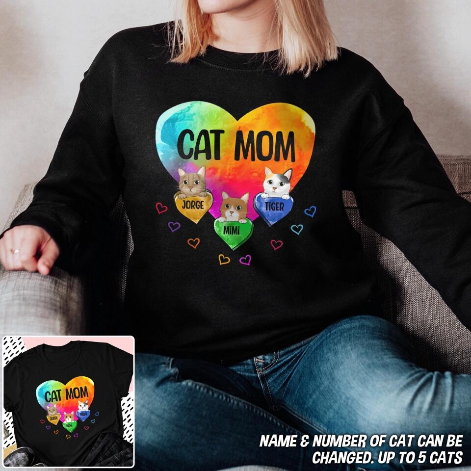 Personalized Cat Mom Heart & Cat's Name Tshirt or Sweatshirt Printed QTDT1302