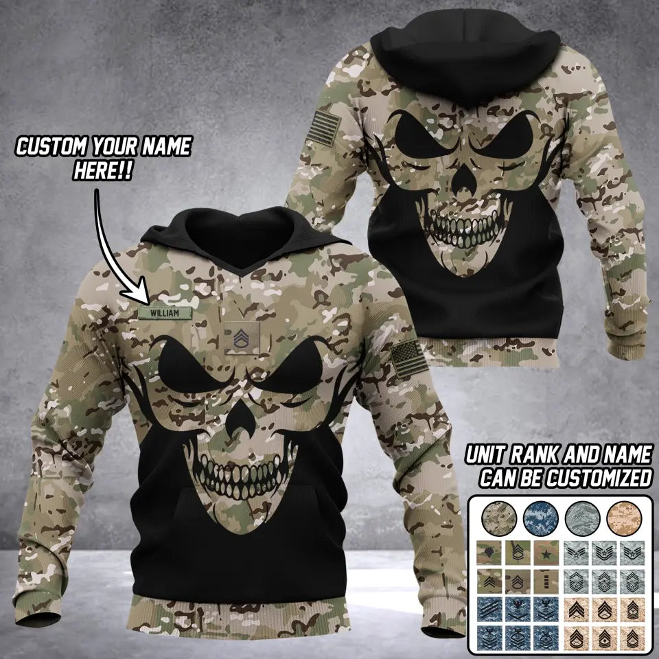 Personalized US Veteran Solder With Name And Rank Skull Camo Hoodie 3D Printed QTDT1506