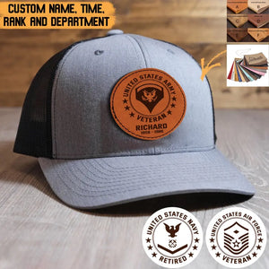 Personalized United States Army Retired Rank Camo Leather Patch Hat Printed QTPVD23284