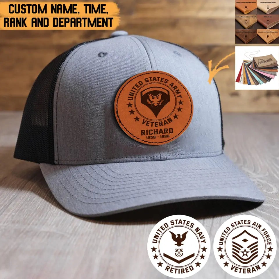 Personalized United States Army Retired Rank Camo Leather Patch Hat Printed QTPVD23284
