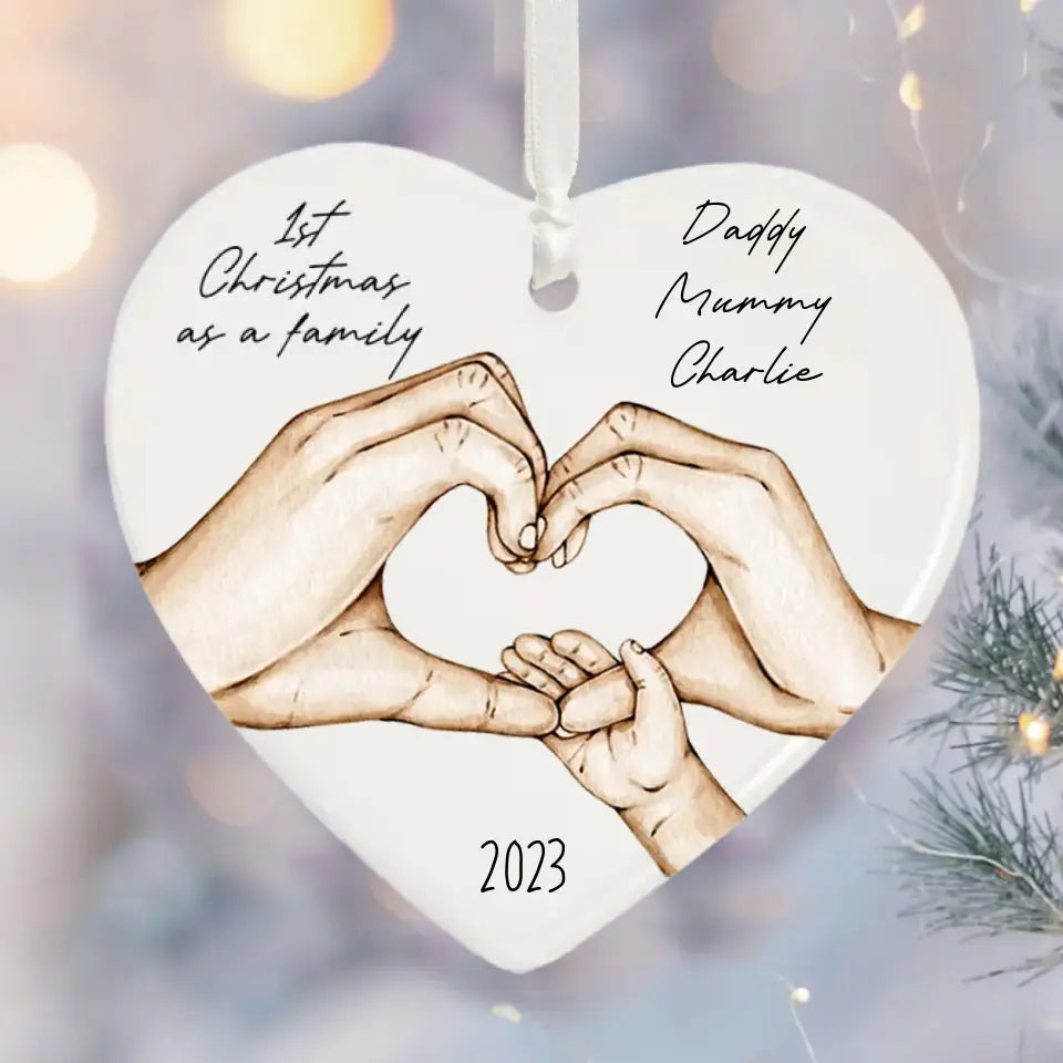 Personalized 1st Christmas As A Family Heart Ceramic Ornament Printed HTHVQ23743