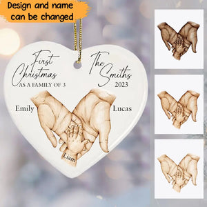 Personalized First Christmas As A Family Of 3 Childbirth Heart Ceramic Ornament Printed HTHVQ23746
