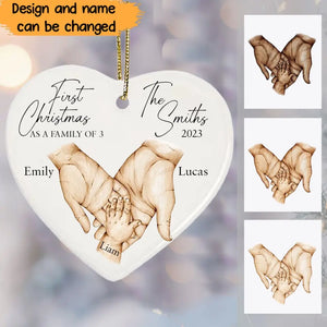 Personalized First Christmas As A Family Of 3 Childbirth Heart Ceramic Ornament Printed HTHVQ23746