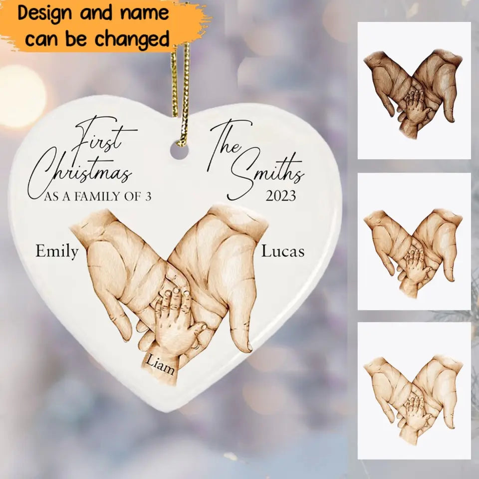 Personalized First Christmas As A Family Of 3 Childbirth Heart Ceramic Ornament Printed HTHVQ23746