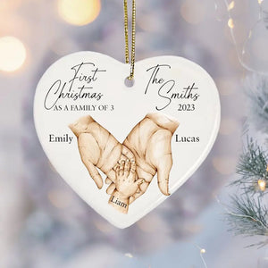 Personalized First Christmas As A Family Of 3 Childbirth Heart Ceramic Ornament Printed HTHVQ23746