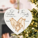 Personalized First Christmas As A Family Of 3 Childbirth Heart Ceramic Ornament Printed HTHVQ23746