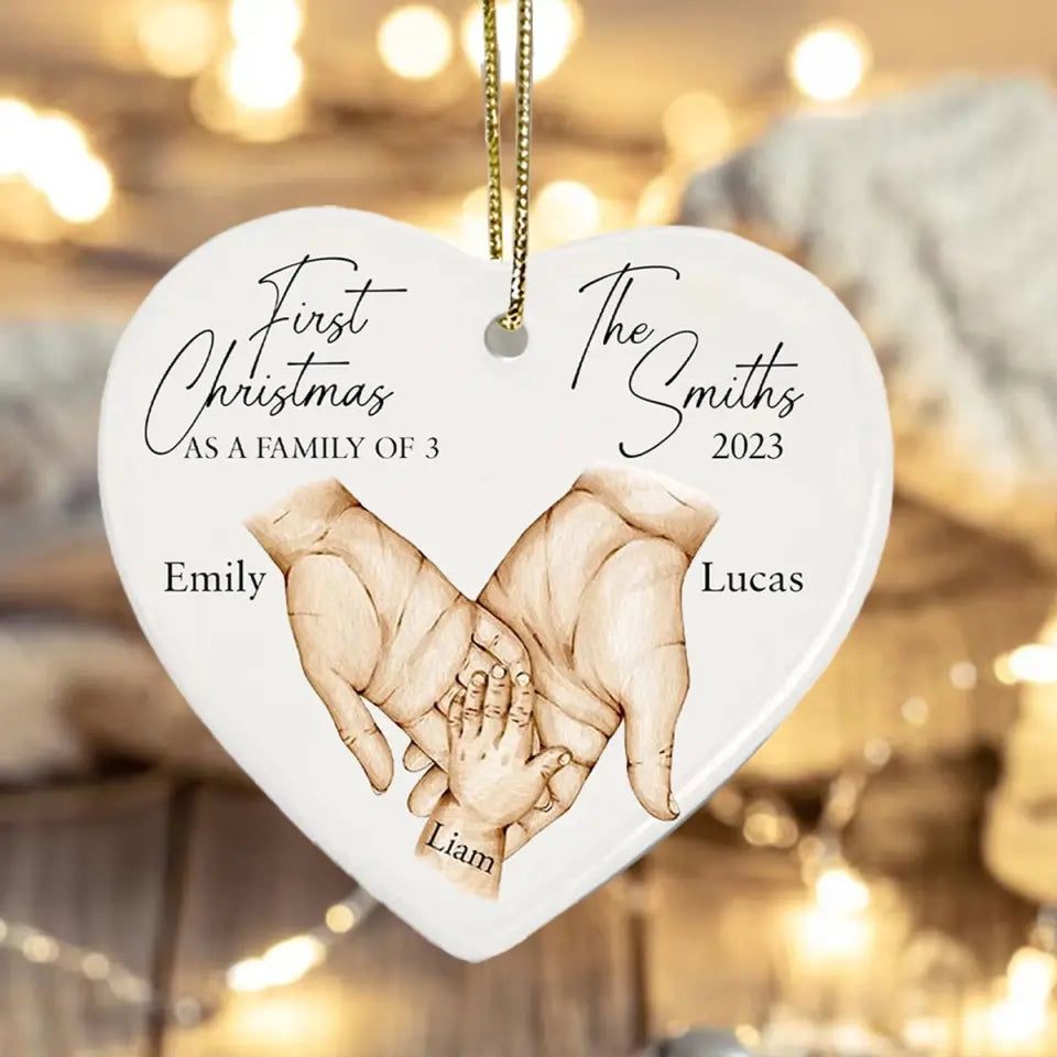 Personalized First Christmas As A Family Of 3 Childbirth Heart Ceramic Ornament Printed HTHVQ23746
