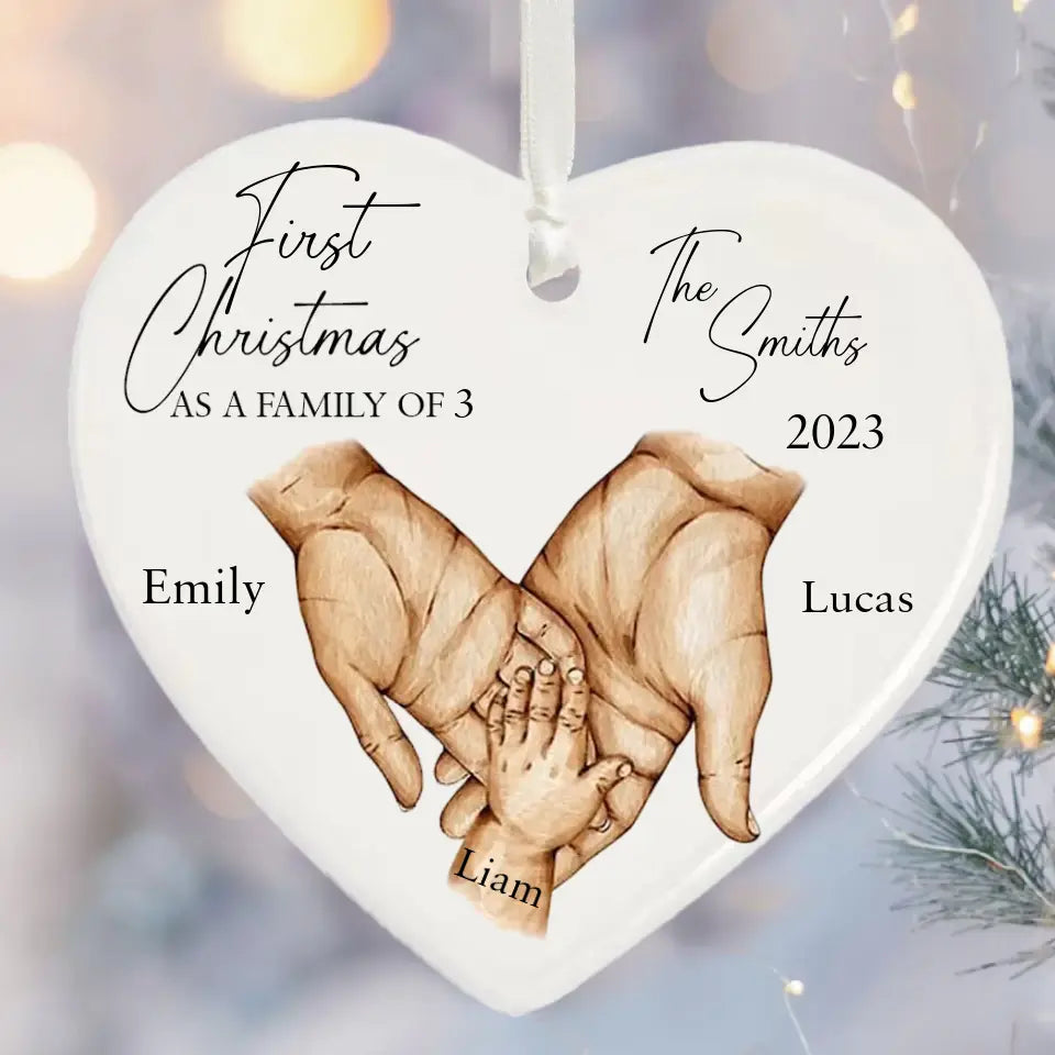 Personalized First Christmas As A Family Of 3 Childbirth Heart Ceramic Ornament Printed HTHVQ23746