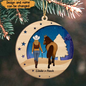 Personalized Horse Girl Crescent Moon Wooden Ornament 2 Layer Printed KVH23751