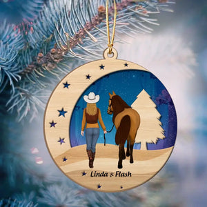 Personalized Horse Girl Crescent Moon Wooden Ornament 2 Layer Printed KVH23751