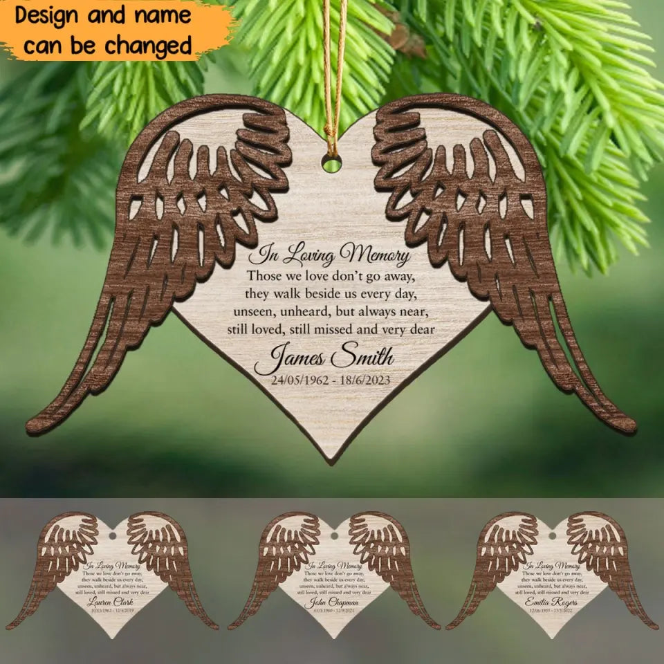 Personalized In Loving Memory Heart Wings Memorial Gift Wooden Ornament 2 Layer Printed QTVQ23757