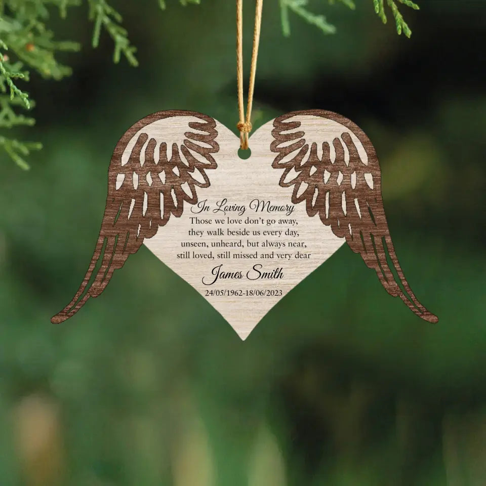 Personalized In Loving Memory Heart Wings Memorial Gift Wooden Ornament 2 Layer Printed QTVQ23757
