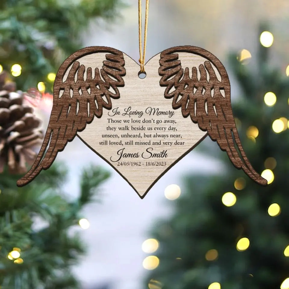 Personalized In Loving Memory Heart Wings Memorial Gift Wooden Ornament 2 Layer Printed QTVQ23757