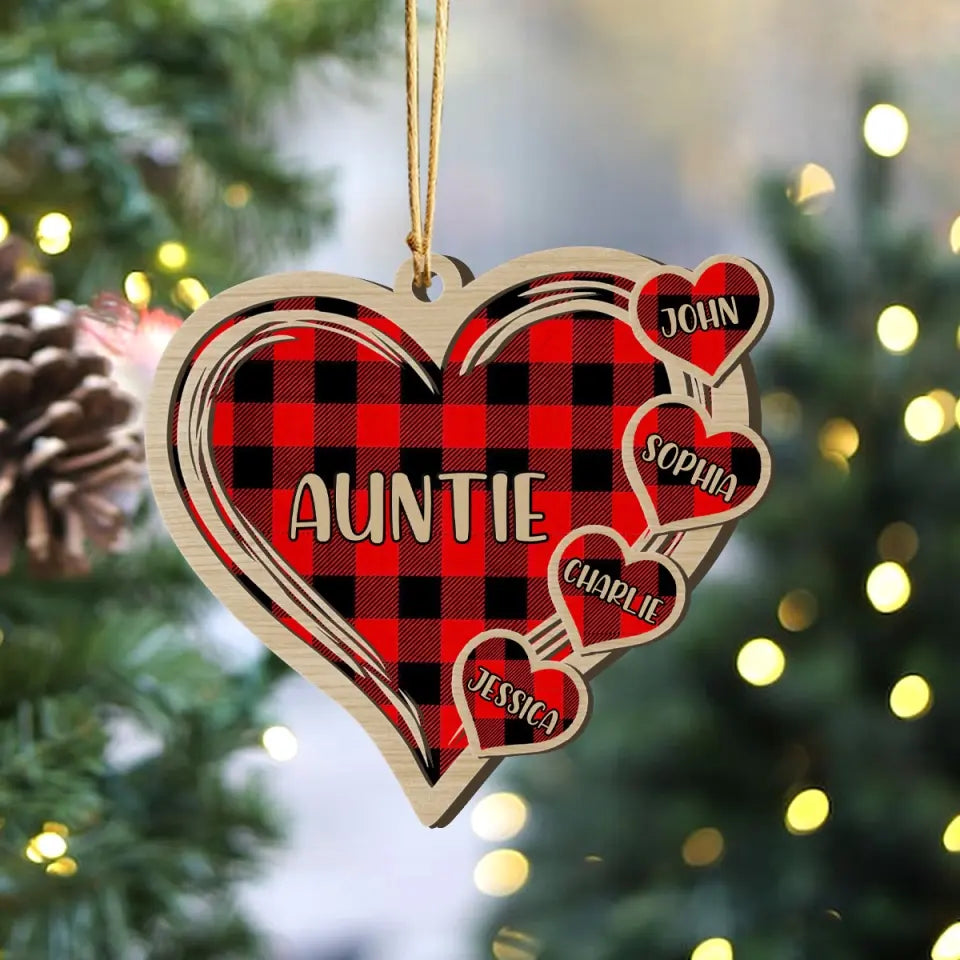 Personalized Auntie & Kid Names Heart Wooden Ornament Printed VQ23768