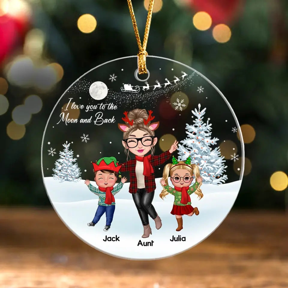 Personalized Auntie I Love You To The Moon And Back Kid Names Ceramic or Acrylic Ornament Printed PTN23772