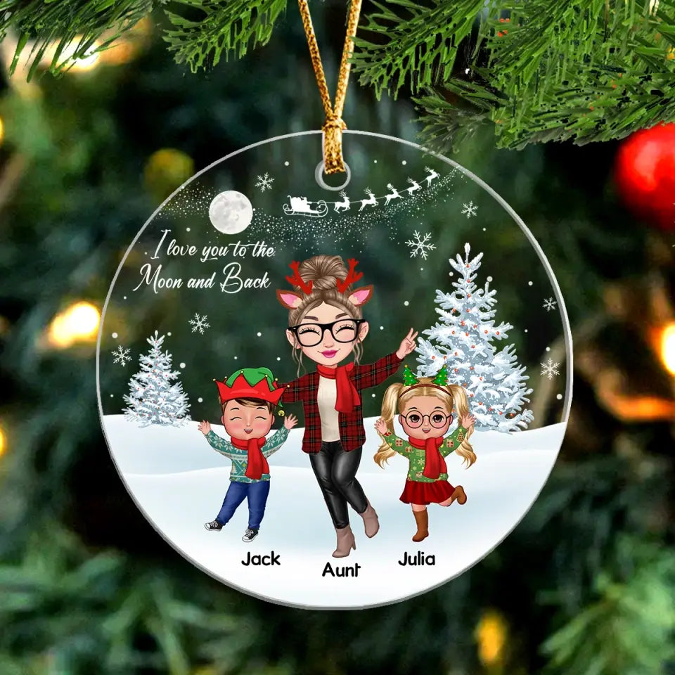 Personalized Auntie I Love You To The Moon And Back Kid Names Ceramic or Acrylic Ornament Printed PTN23772