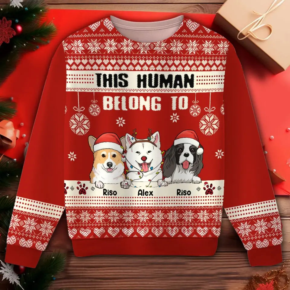 Personalized This Human Belong To Dog Xmas Ugly Sweater Printed HTHHN23783