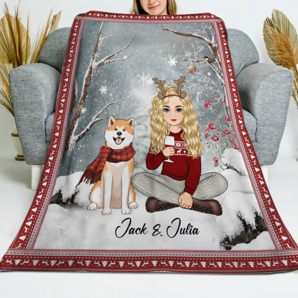 Personalized Dog Mom Snow Girl Xmas Sherpa or Fleece Blanket Printed PTN23809