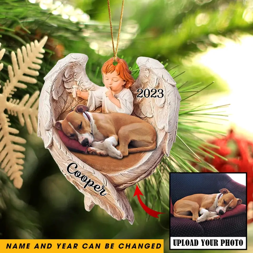 Personalized Upload Your Sleeping Dog Photo Baby Angel Wooden Ornament Printed KVH23874
