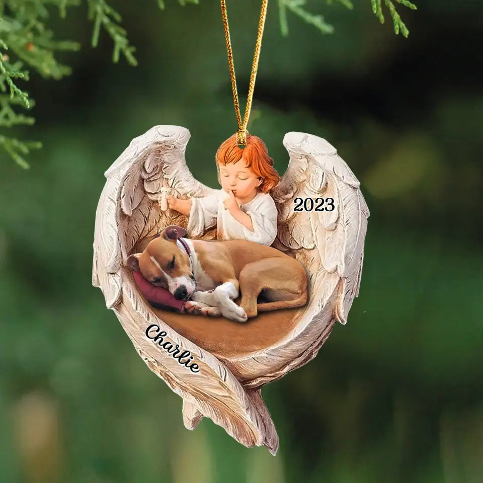 Personalized Upload Your Sleeping Dog Photo Baby Angel Wooden Ornament Printed KVH23874