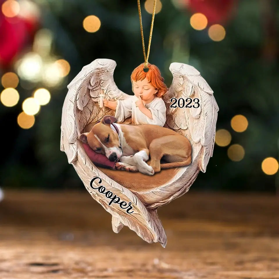 Personalized Upload Your Sleeping Dog Photo Baby Angel Wooden Ornament Printed KVH23874