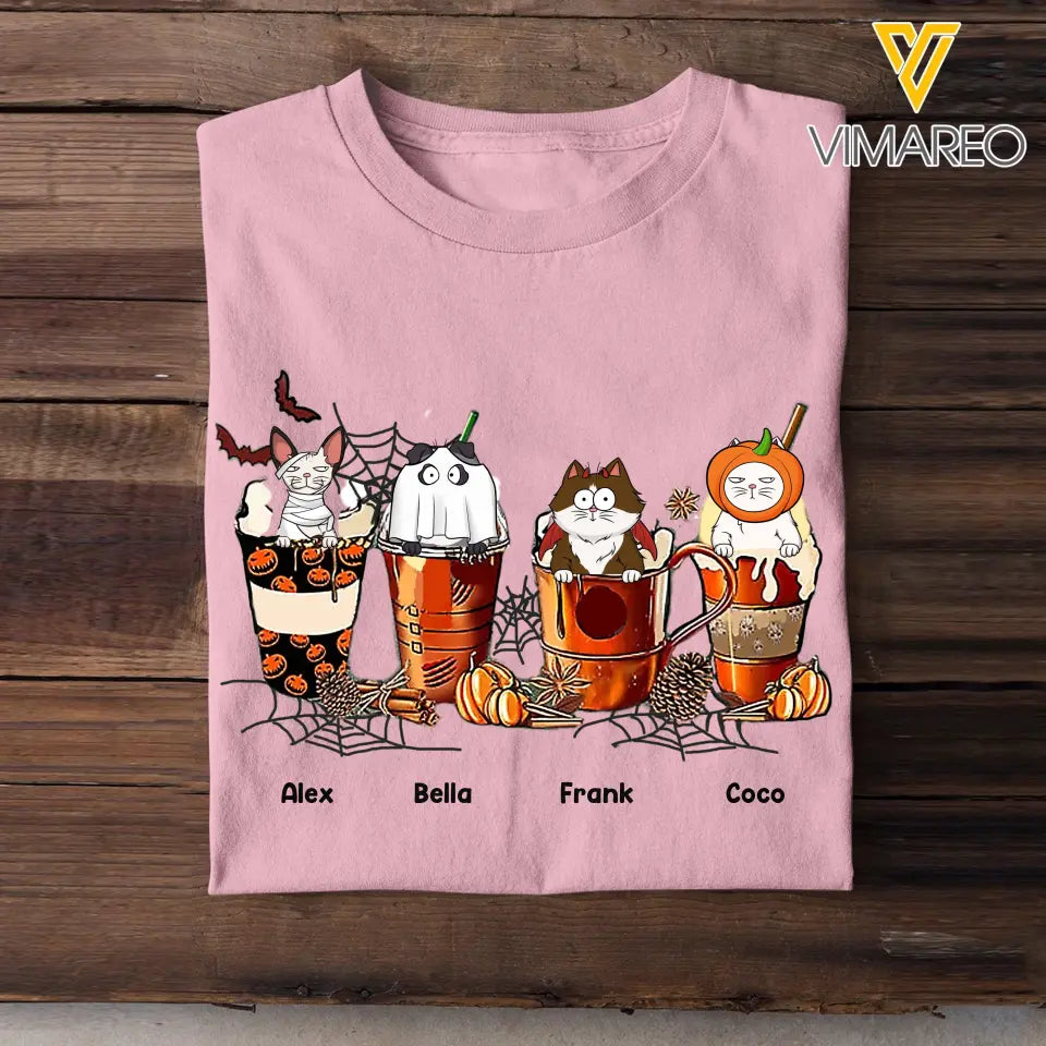 Personalized Cat Halloween Coffee Cute Cat Lover T-Shirt Printed QTVQ342