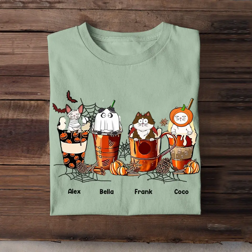 Personalized Cat Halloween Coffee Cute Cat Lover T-Shirt Printed QTVQ342