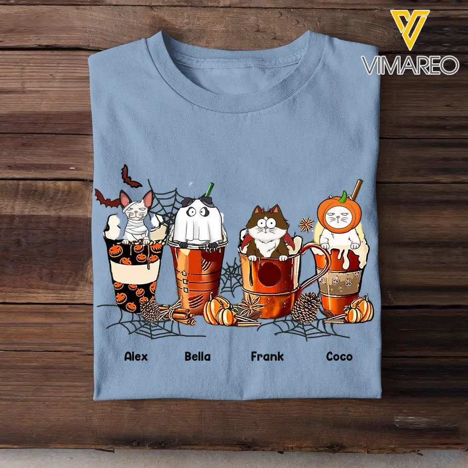 Personalized Cat Halloween Coffee Cute Cat Lover T-Shirt Printed QTVQ342