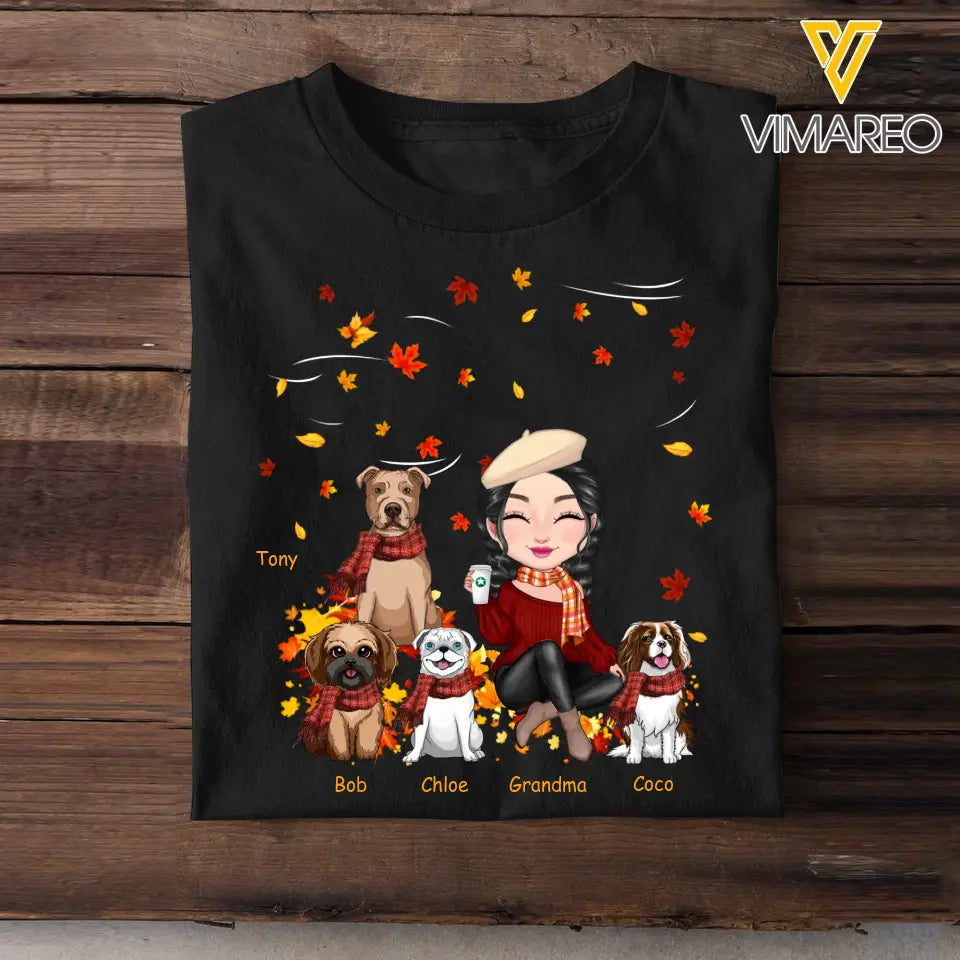 Personalized Autumn Girl & Dog Custom Name T-shirt Printed HN23911