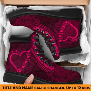 Personalized Auntie Pink Heart & Kid Names Leather Boots Printed KVH23965