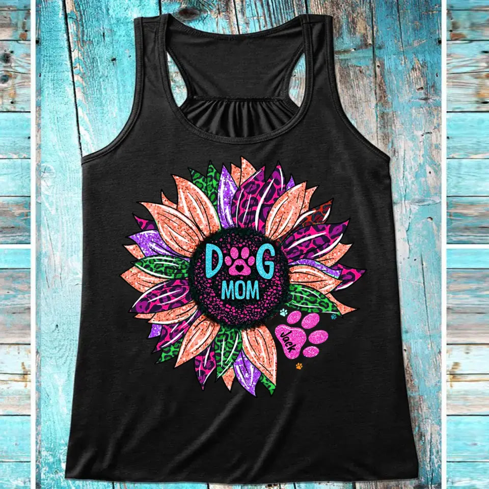 Personalized Dog Mom & Dog's Name Sunflower Colorful Woman's Flowy Racerback Tank Printed 23APR-PTN10