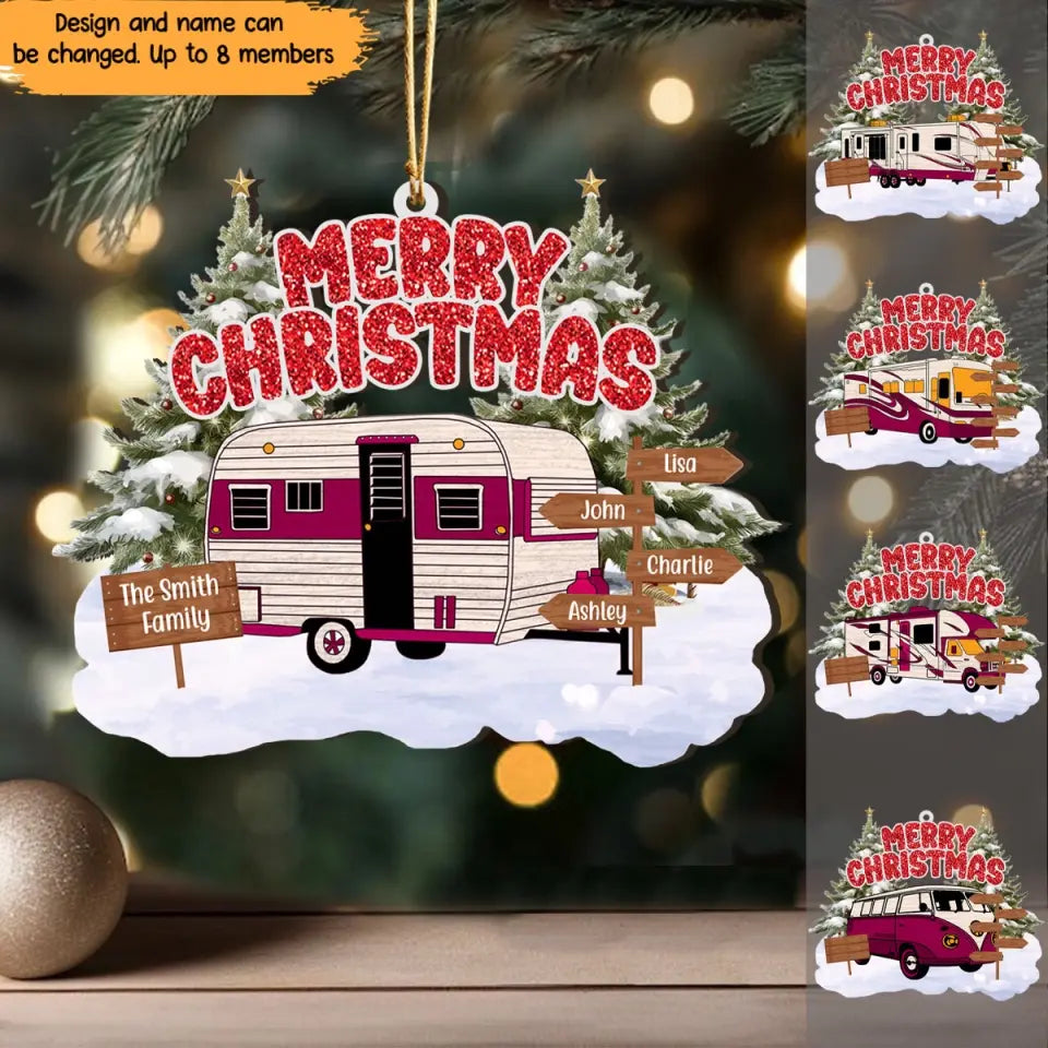 Personalized Camping Merry Christmas Custom Family Name Wooden Ornament Printed HTHVQ23997