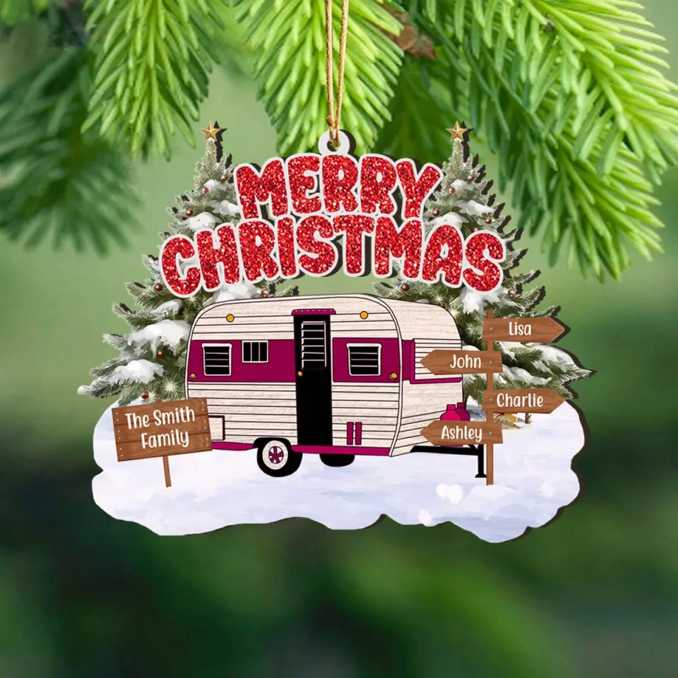 Personalized Camping Merry Christmas Custom Family Name Wooden Ornament Printed HTHVQ23997
