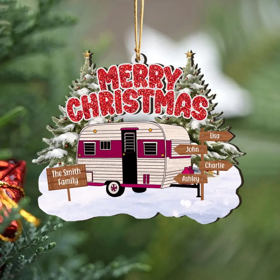 Personalized Camping Merry Christmas Custom Family Name Wooden Ornament Printed HTHVQ23997