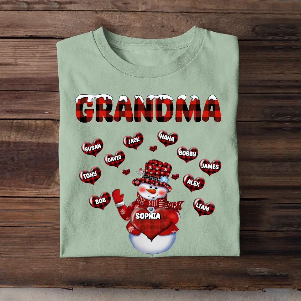 Personalized Grandma Snowman Hearts & Kid Names Christmas Gift T-shirt Printed HN231026