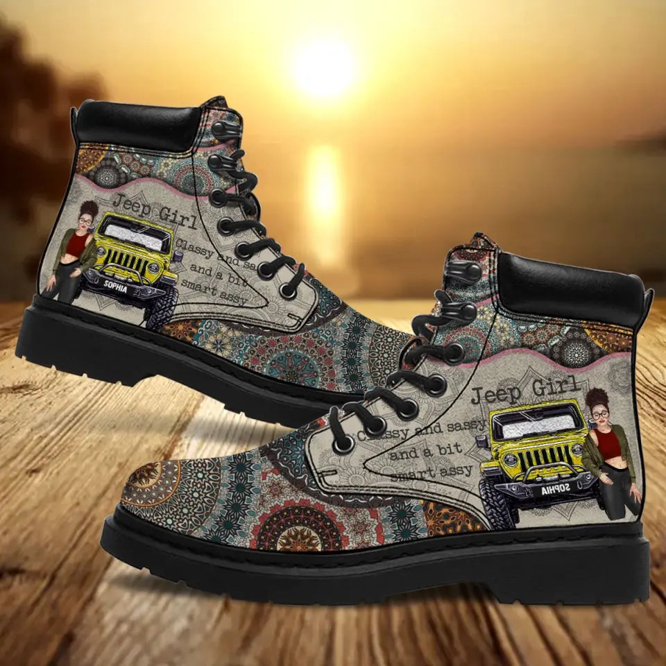 Personalized Jeep Girl Classy And Sassy And A Bit Smart Assy Leather Boots Printed VQ231060