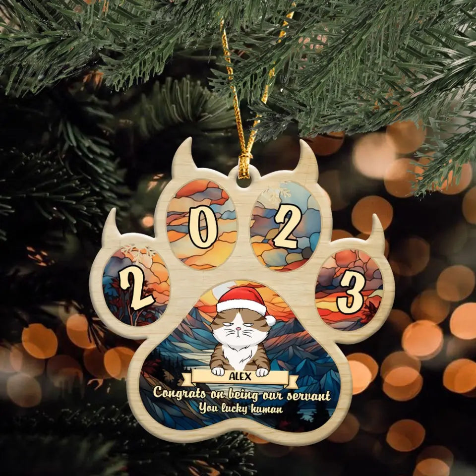Personalized Congrats On Being Our Servant You Lucky Human Cat Christmas Gift Wooden Ornament 2 Layer Printed HTHHN231080