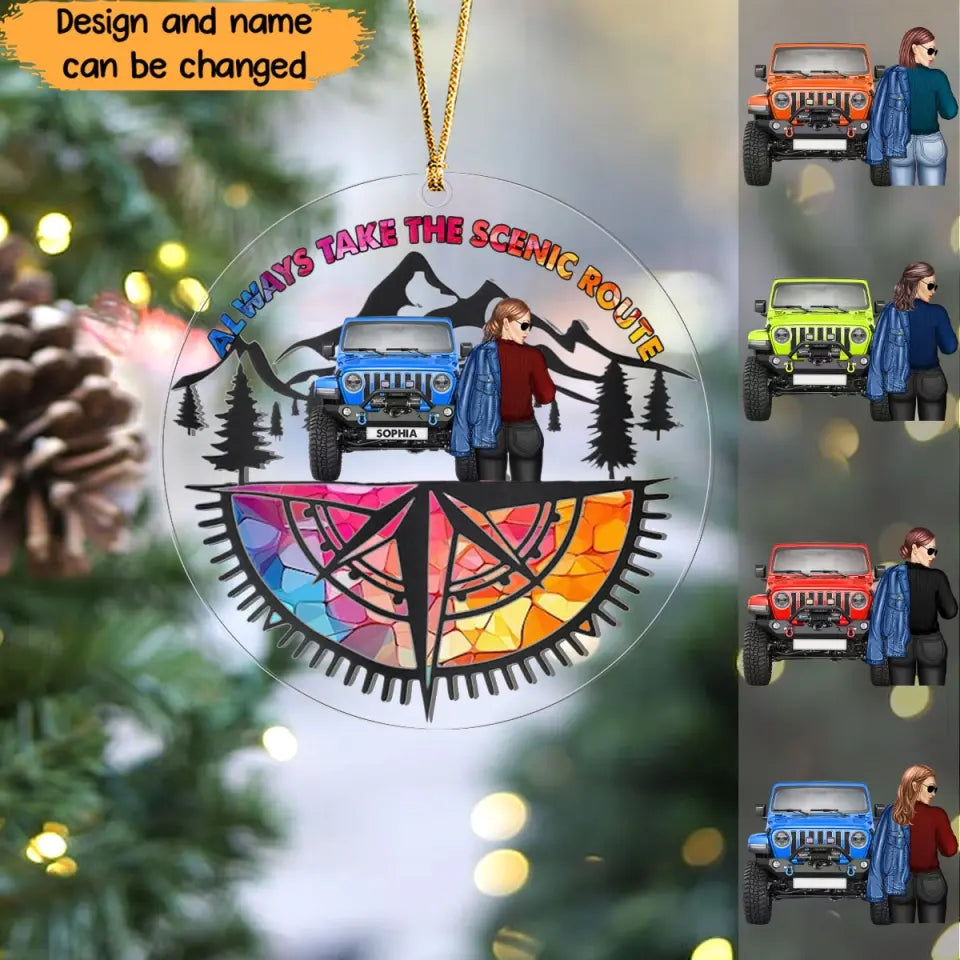 Personalized Always Take The Scenic Route Jeep Girl Acrylic Ornament Printed MTVQ231110