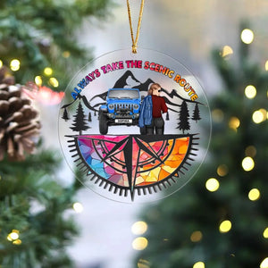 Personalized Always Take The Scenic Route Jeep Girl Acrylic Ornament Printed MTVQ231110