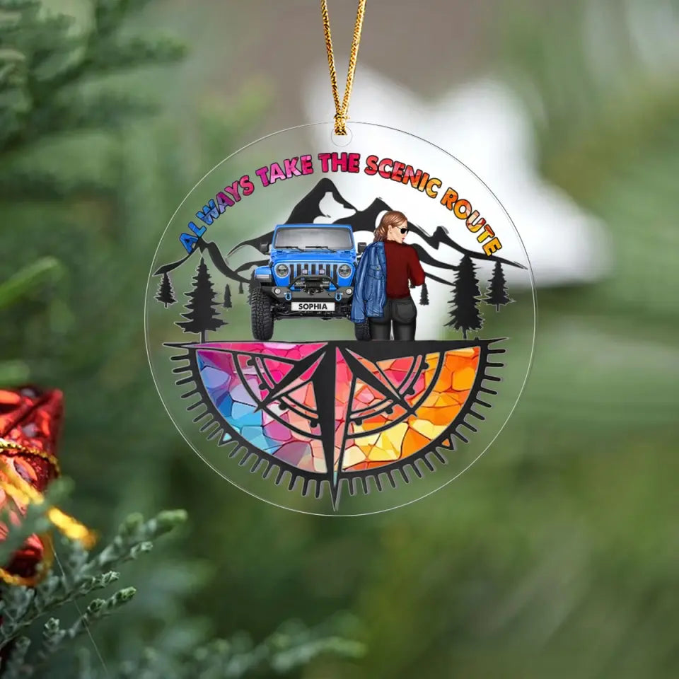 Personalized Always Take The Scenic Route Jeep Girl Acrylic Ornament Printed MTVQ231110