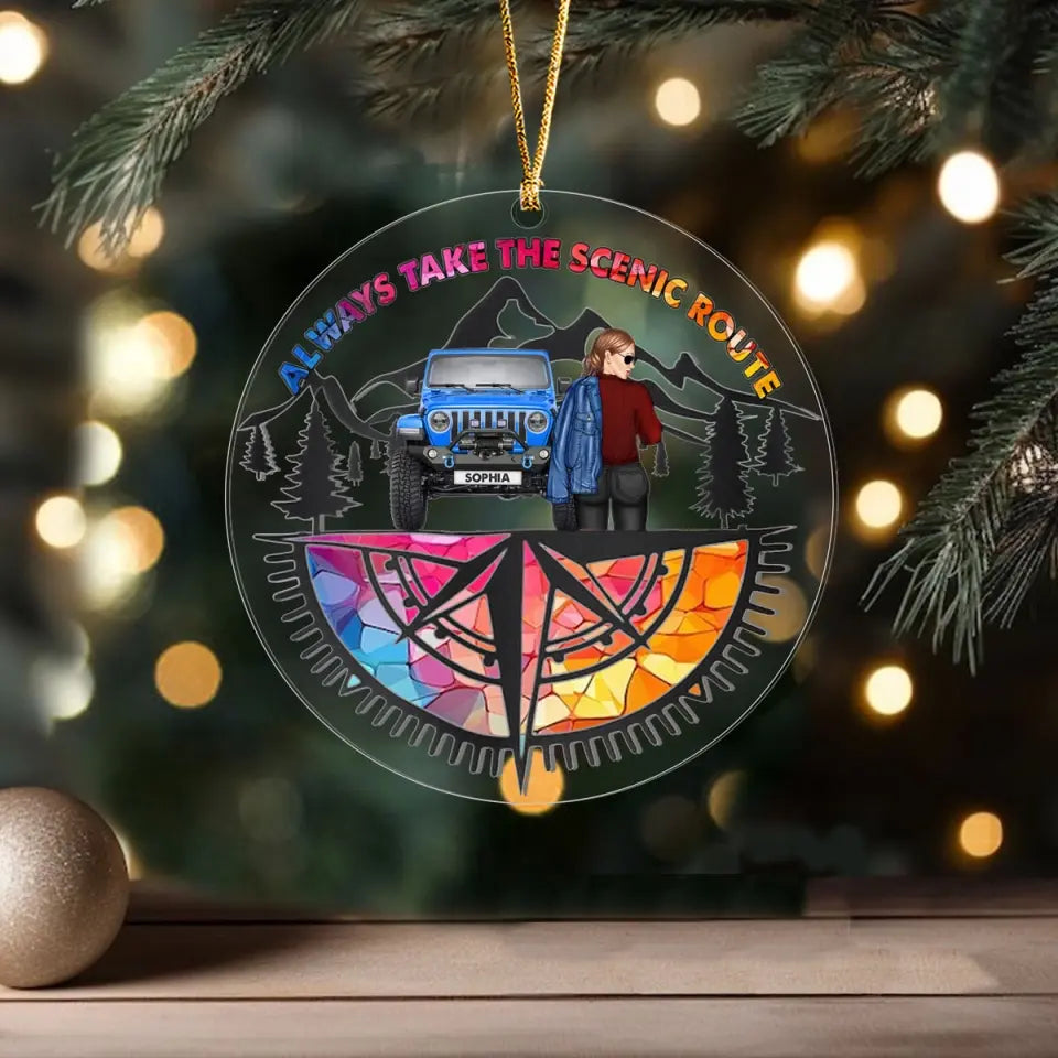 Personalized Always Take The Scenic Route Jeep Girl Acrylic Ornament Printed MTVQ231110