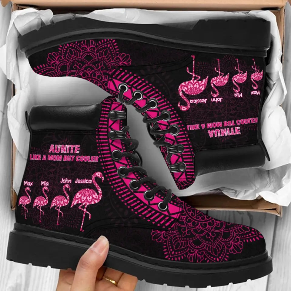 Personalized Auntie Like A Mom But Cooler Flamingo Custom Name Leather Boots Printed HTHVQ231122