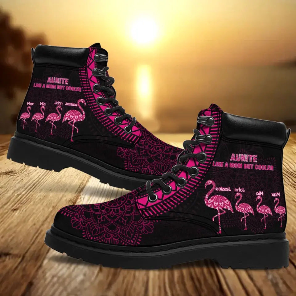 Personalized Auntie Like A Mom But Cooler Flamingo Custom Name Leather Boots Printed HTHVQ231122