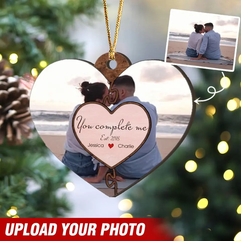 Personalized You Complete Me Couple Heart Wooden Ornament 2 Layer Printed NMTVQ231138