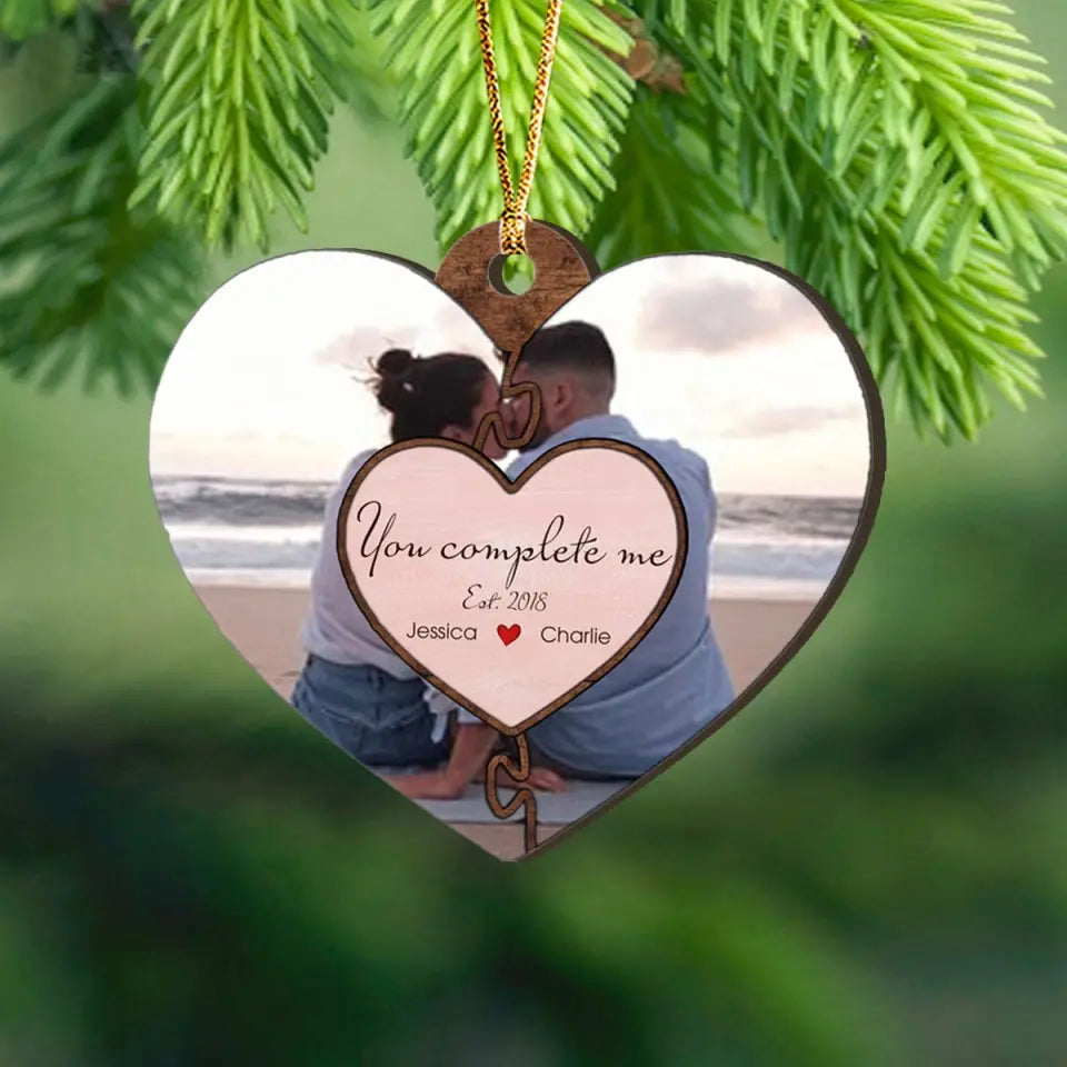 Personalized You Complete Me Couple Heart Wooden Ornament 2 Layer Printed NMTVQ231138
