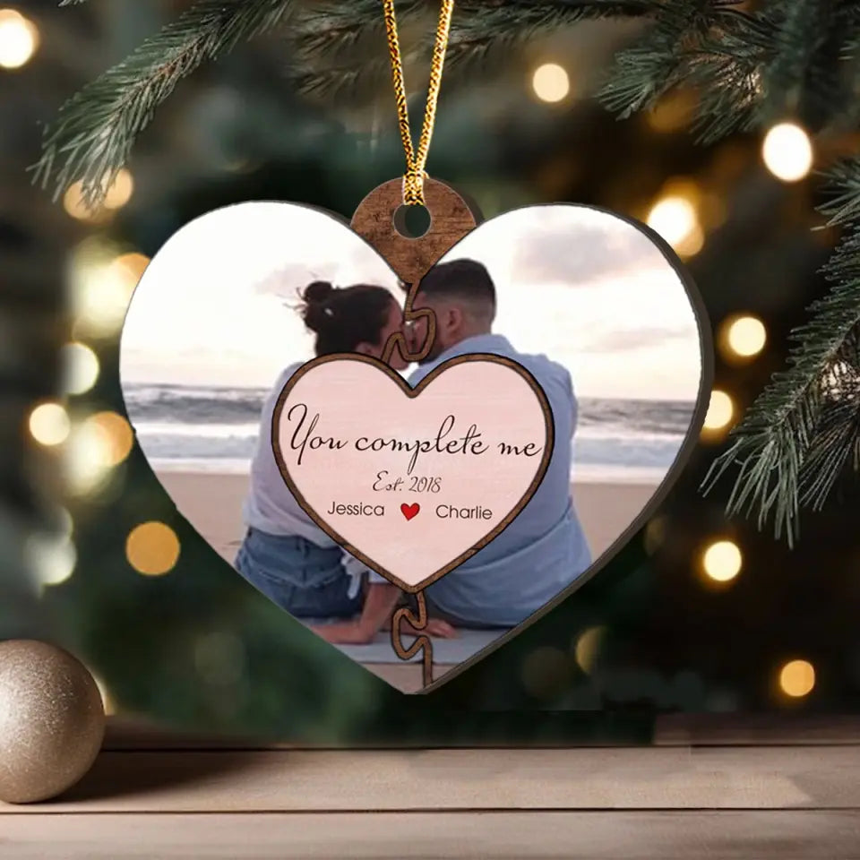 Personalized You Complete Me Couple Heart Wooden Ornament 2 Layer Printed NMTVQ231138